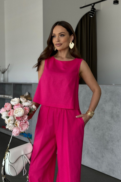 Розовый костюм из льна: блуза укороченная и брюки широкие Dilana VIP 2052 малина - фото 6