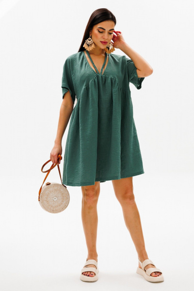 Зеленое платье трапеция с косыми подрезами и завязывающимися шнурками COCKTAIL 114/2 - фото 6