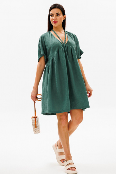 Зеленое платье трапеция с косыми подрезами и завязывающимися шнурками COCKTAIL 114/2 - фото 2