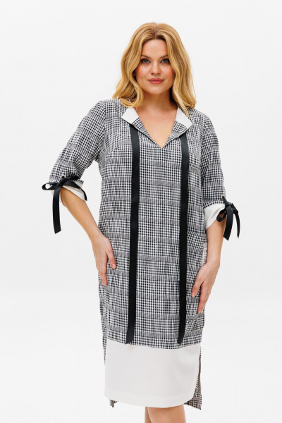 Платье в мелкую клетку с свободным кроем и рукавом 3/4 Michel chic 2163 черный+белый - фото 8
