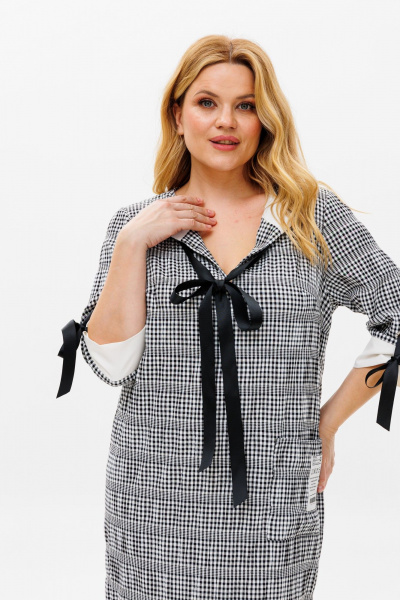 Платье в мелкую клетку с свободным кроем и рукавом 3/4 Michel chic 2163 черный+белый - фото 7