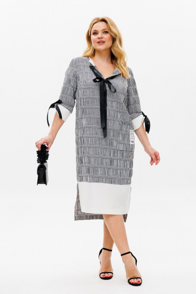 Платье в мелкую клетку с свободным кроем и рукавом 3/4 Michel chic 2163 черный+белый - фото 2