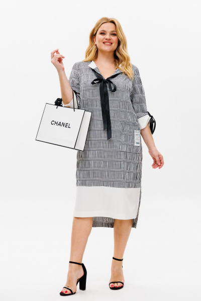 Платье в мелкую клетку с свободным кроем и рукавом 3/4 Michel chic 2163 черный+белый - фото 1