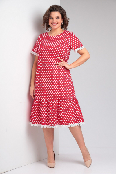 Красное платье с оборками, нагрудными вытачками и V-образным вырезом Takka Plus 24-224 - фото 3