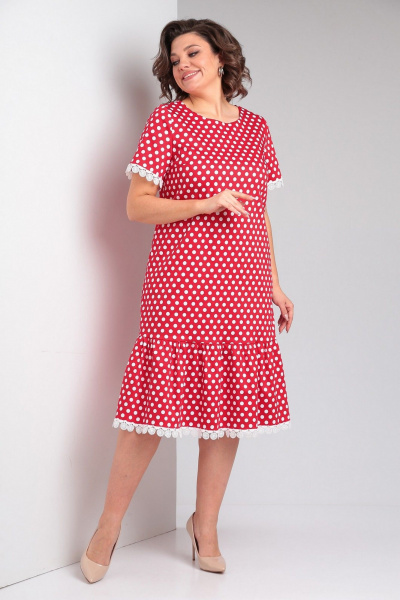 Красное платье с оборками, нагрудными вытачками и V-образным вырезом Takka Plus 24-224 - фото 2