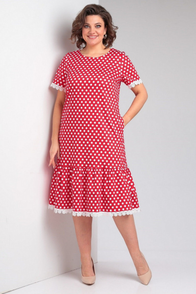 Красное платье с оборками, нагрудными вытачками и V-образным вырезом Takka Plus 24-224 - фото 1