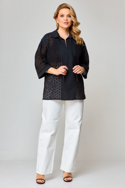 Блуза прямая летом из ткани “решелье” с воротником-стойкой VIPPRIMO 102 черный - фото 7