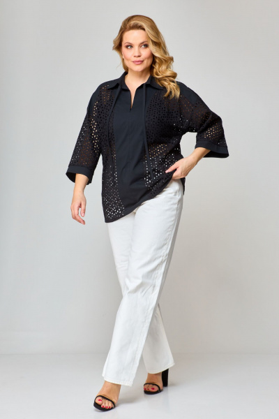 Блуза прямая летом из ткани “решелье” с воротником-стойкой VIPPRIMO 102 черный - фото 4