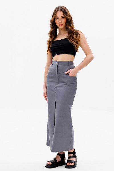 Юбка джинсовая прямого силуэта с разрезом и эффектом необработанного края ANIDEN 125-1 серый - фото 1