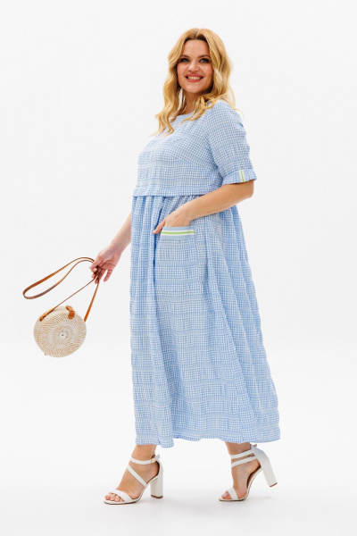 Длинное платье из жатки с завышенной талией и сборами Michel chic 2132/1 голубой - фото 4