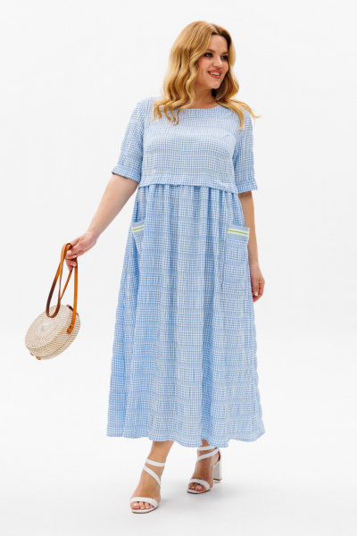 Длинное платье из жатки с завышенной талией и сборами Michel chic 2132/1 голубой - фото 3