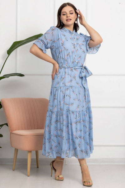 Платье с цветочным принтом, А-силуэт, съемный пояс, рукава-реглан Gold Style 2609 голубой - фото 8