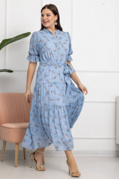 Платье с цветочным принтом, А-силуэт, съемный пояс, рукава-реглан Gold Style 2609 голубой - фото 7