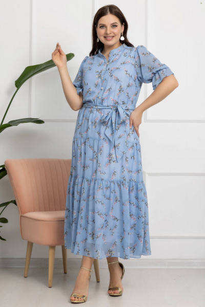 Платье с цветочным принтом, А-силуэт, съемный пояс, рукава-реглан Gold Style 2609 голубой - фото 6