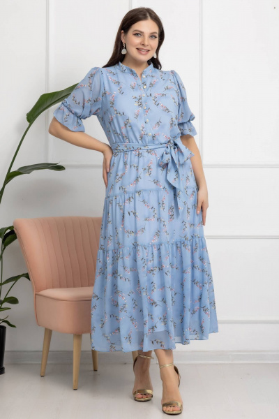 Платье с цветочным принтом, А-силуэт, съемный пояс, рукава-реглан Gold Style 2609 голубой - фото 5