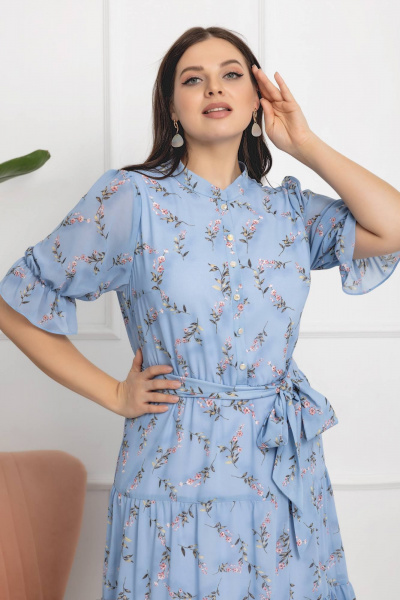 Платье с цветочным принтом, А-силуэт, съемный пояс, рукава-реглан Gold Style 2609 голубой - фото 3