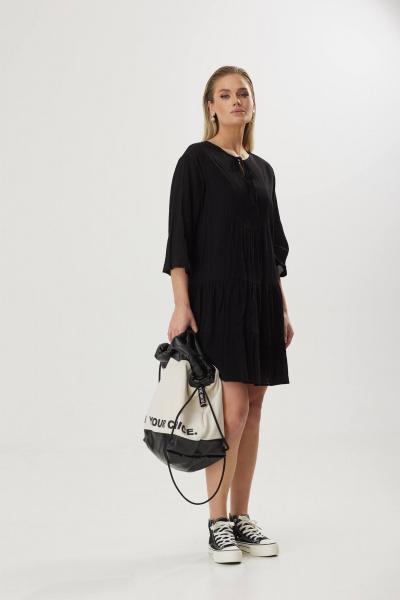 Платье свободного силуэта из хлопка с воланами и завязкой Твой имидж 1856 черный - фото 4