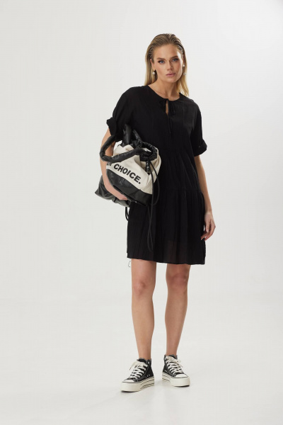 Платье свободного силуэта из хлопка с воланами и завязкой Твой имидж 1856 черный - фото 6