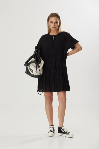 Платье свободного силуэта из хлопка с воланами и завязкой Твой имидж 1856 черный - фото 1