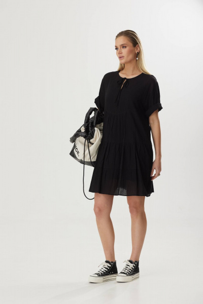 Платье свободного силуэта из хлопка с воланами и завязкой Твой имидж 1856 черный - фото 7