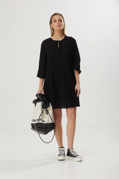 Платье свободного силуэта из хлопка с воланами и завязкой Твой имидж 1856 черный - фото 8