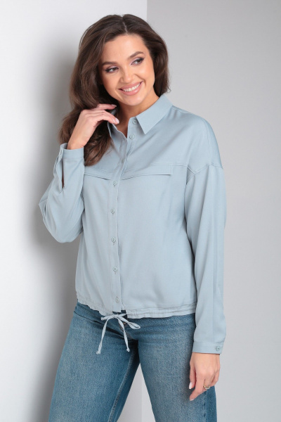 Голубая блуза с кокетками, кулисой и разрезами по бокам Modema м.734/1 - фото 2