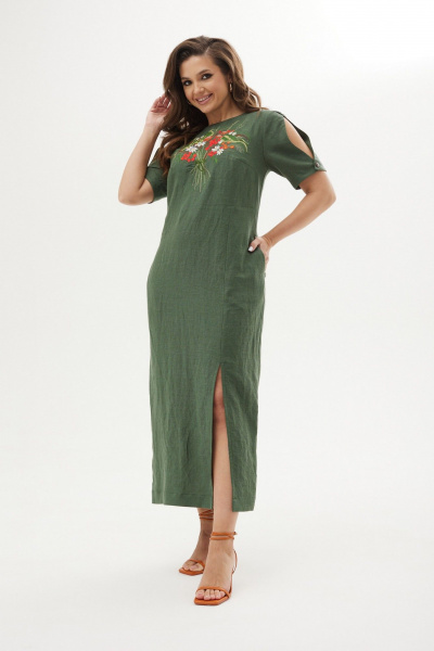 Льняное платье с нагрудными вытачками и вышивкой MALI 424-038 мох - фото 6