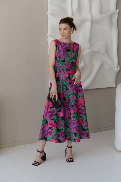 Приталенное миди платье из бархата с расклешенной юбкой и карманами HELEN BIRCH Pl005а принт_розы - фото 2