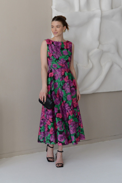 Приталенное миди платье из бархата с расклешенной юбкой и карманами HELEN BIRCH Pl005а принт_розы - фото 1