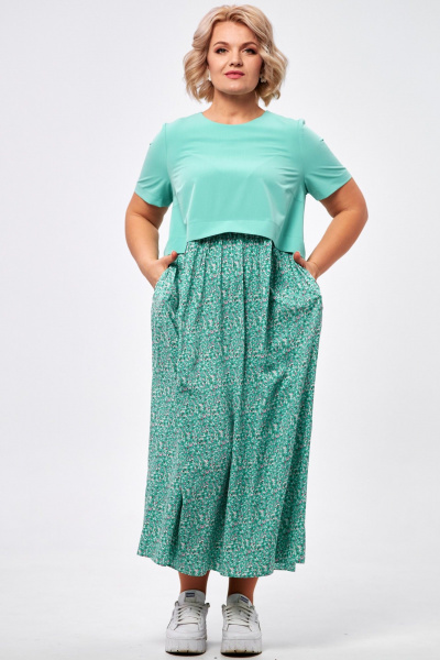 Платье макси из двух видов ткани с карманами AMUARt 1007 мята - фото 2