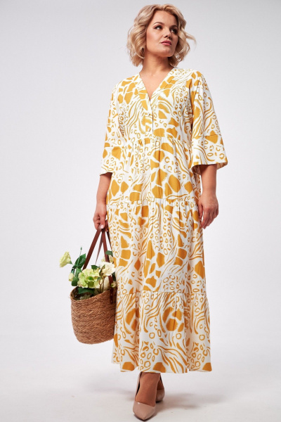 Платье макси с воланами и застежкой на пуговицы AMUARt 1008 горчица+белый - фото 11