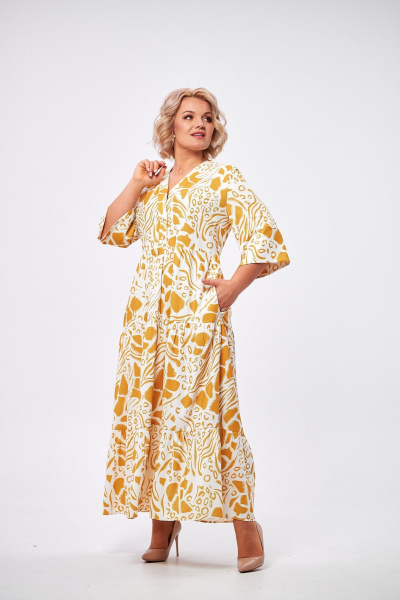 Платье макси с воланами и застежкой на пуговицы AMUARt 1008 горчица+белый - фото 4