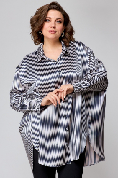 Рубашка свободного кроя из атласной ткани с бантом и закругленными швами AMUARt 1009 сине-бежевая_полоска - фото 2