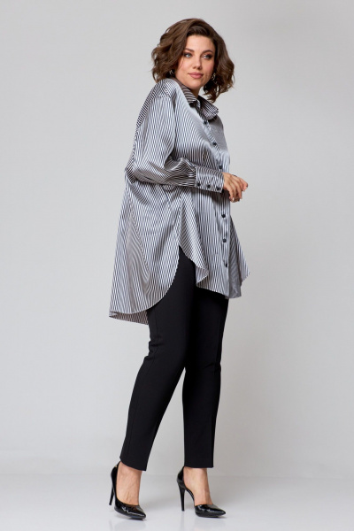 Рубашка свободного кроя из атласной ткани с бантом и закругленными швами AMUARt 1009 сине-бежевая_полоска - фото 13