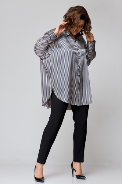 Рубашка свободного кроя из атласной ткани с бантом и закругленными швами AMUARt 1009 сине-бежевая_полоска - фото 12