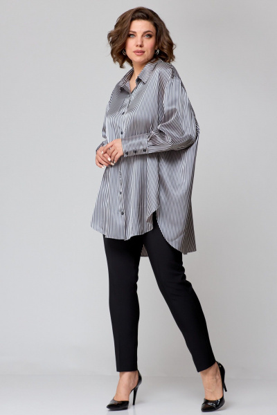 Рубашка свободного кроя из атласной ткани с бантом и закругленными швами AMUARt 1009 сине-бежевая_полоска - фото 11