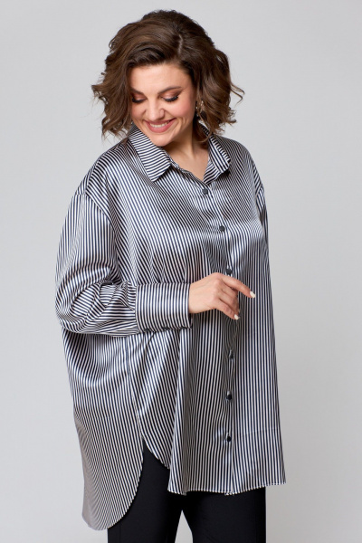 Рубашка свободного кроя из атласной ткани с бантом и закругленными швами AMUARt 1009 сине-бежевая_полоска - фото 3