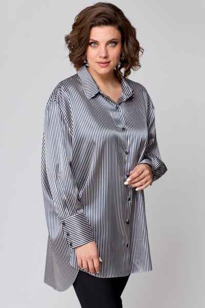 Рубашка свободного кроя из атласной ткани с бантом и закругленными швами AMUARt 1009 сине-бежевая_полоска - фото 10