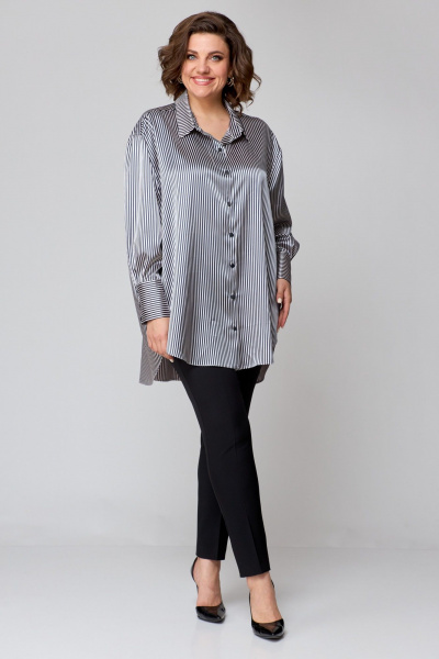 Рубашка свободного кроя из атласной ткани с бантом и закругленными швами AMUARt 1009 сине-бежевая_полоска - фото 7