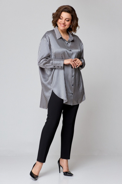 Рубашка свободного кроя из атласной ткани с бантом и закругленными швами AMUARt 1009 сине-бежевая_полоска - фото 6