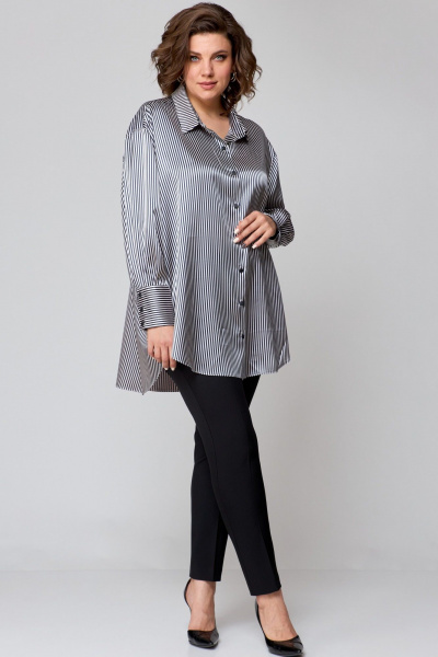 Рубашка свободного кроя из атласной ткани с бантом и закругленными швами AMUARt 1009 сине-бежевая_полоска - фото 5