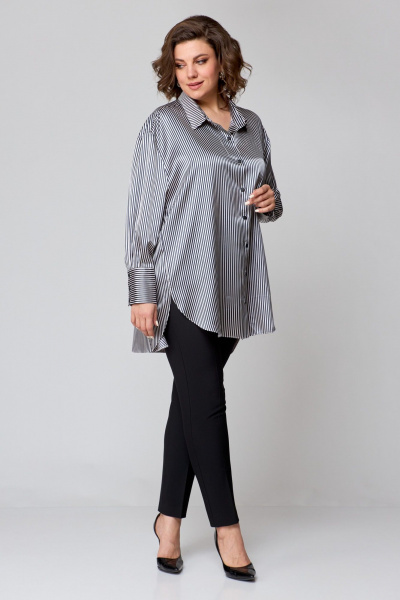 Рубашка свободного кроя из атласной ткани с бантом и закругленными швами AMUARt 1009 сине-бежевая_полоска - фото 4