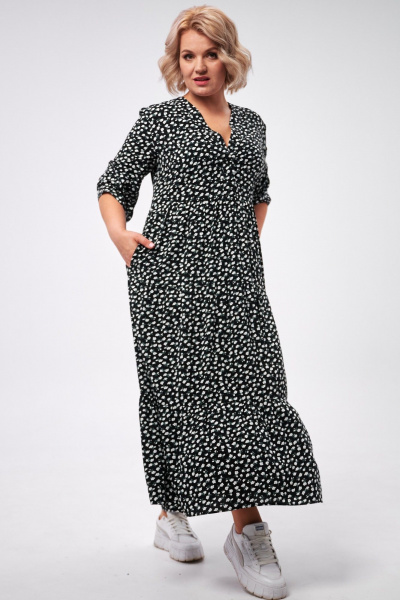 Платье макси с воланами и застежкой на пуговицы AMUARt 1006 черный+цветочек - фото 6