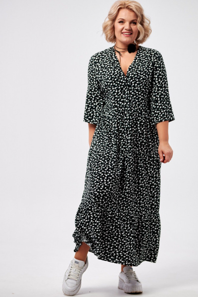 Платье макси с воланами и застежкой на пуговицы AMUARt 1006 черный+цветочек - фото 2