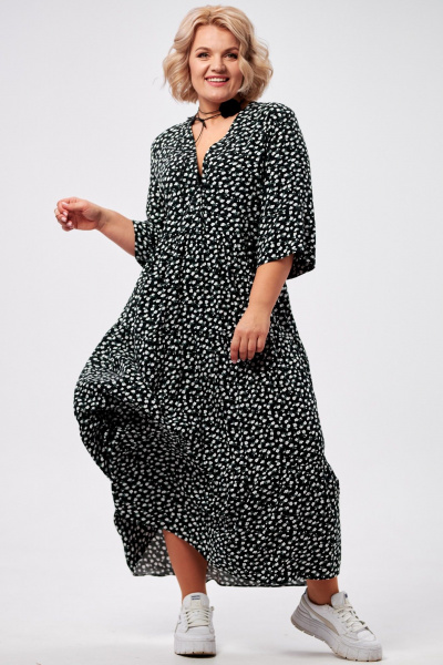 Платье макси с воланами и застежкой на пуговицы AMUARt 1006 черный+цветочек - фото 1