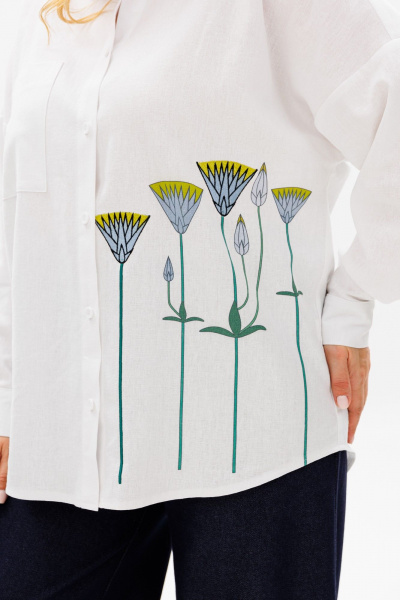 Льняная белая рубашка оверсайз с длинным рукавом и декоративным принтом Michel chic 784 молочный - фото 8