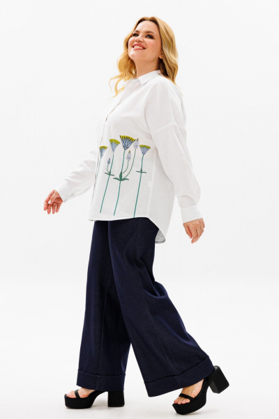 Льняная белая рубашка оверсайз с длинным рукавом и декоративным принтом Michel chic 784 молочный - фото 6