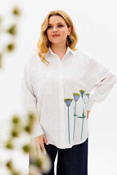 Льняная белая рубашка оверсайз с длинным рукавом и декоративным принтом Michel chic 784 молочный - фото 4