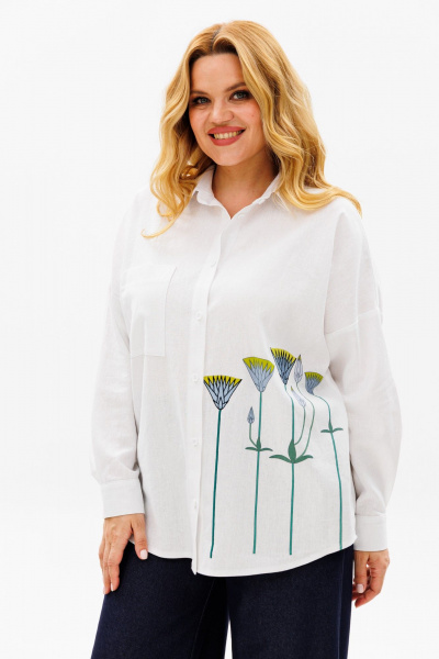 Льняная белая рубашка оверсайз с длинным рукавом и декоративным принтом Michel chic 784 молочный - фото 3