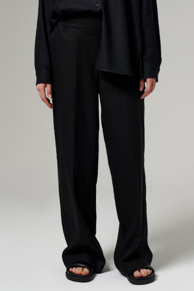 Брюки прямые широкие из льняной ткани на резинке Панда 180860w черный - фото 1